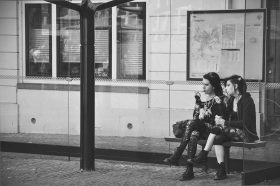Boy and girl Gothics / Goths waiting for the bus, Domplein, Utrecht