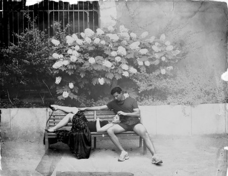 Lovely Couple on a bench a Avignon with hydrangeas