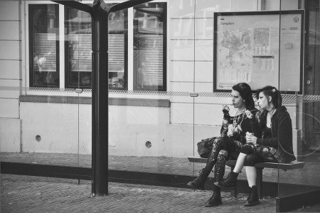 Boy and girl Gothics / Goths waiting for the bus, Domplein, Utrecht